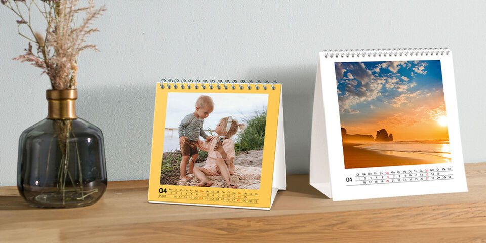 Personalised square desk calendar with images of kids jumping off pantoon