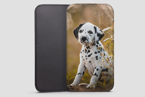 faux leather phone sleeve with image of guy on dock printed onto it