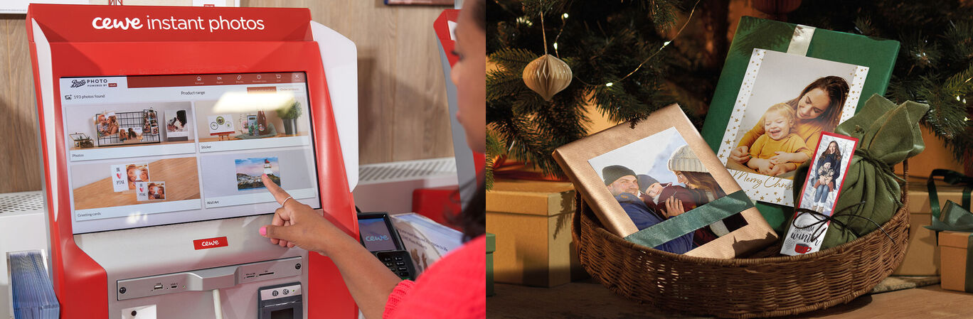 A person using a CEWE photo kiosk to select photos. In the background, there is a gift basket with framed pictures.