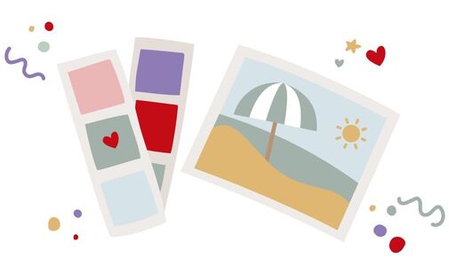Colorful palette with heart motifs and an image of a beach with a sunshade.