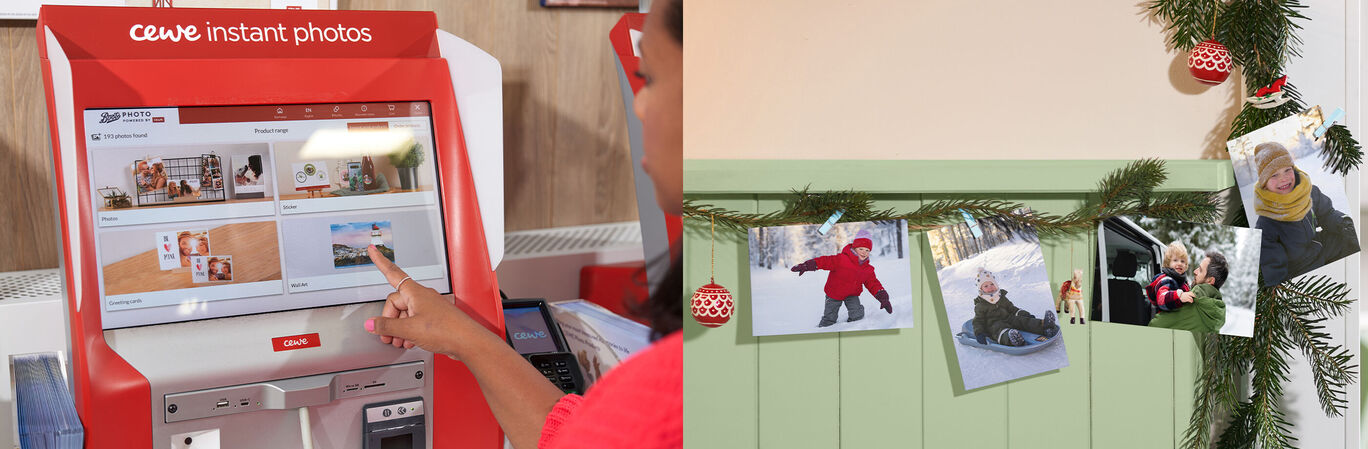Person using the CEWE Instant Photos kiosk to place photo orders.