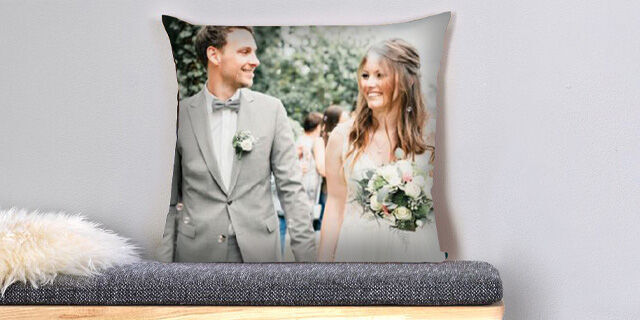 Cushion personalised with wedding photo of bride and groom