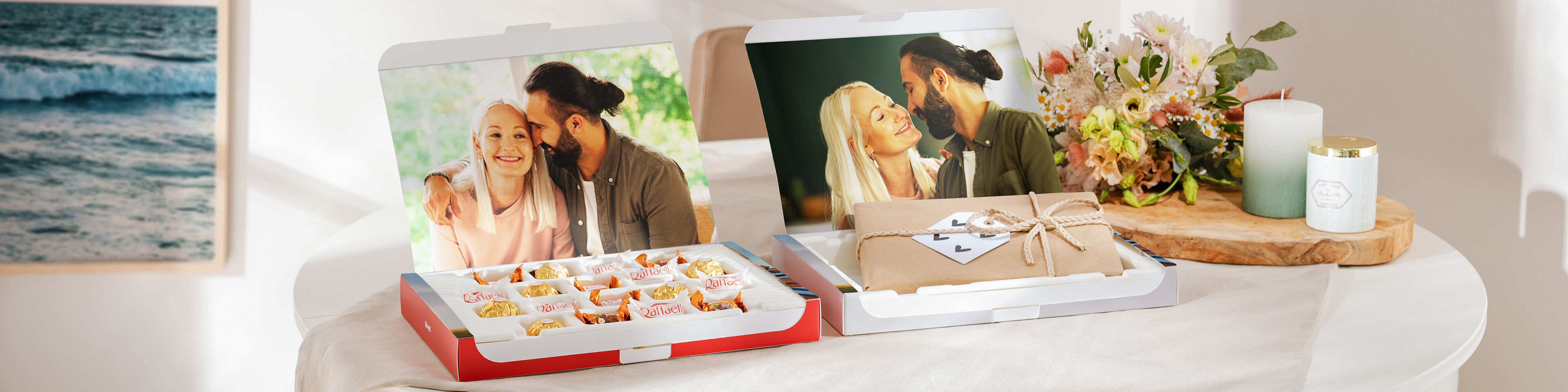 Gift boxes, one filled with chocolates and one ready-to-fill. Both personalised with happy family photos.
